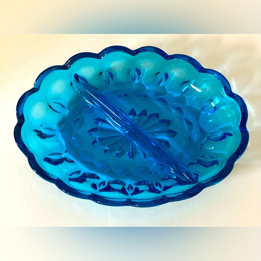 VTG Aqua Blue Indiana Glass Divided Nut/Candy Dish